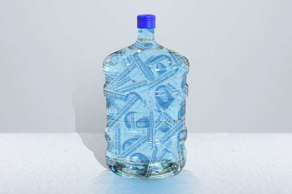 Dollar bills inside a 5-gallon water jug, representing money that could have been saved with Austin water filtration systems.